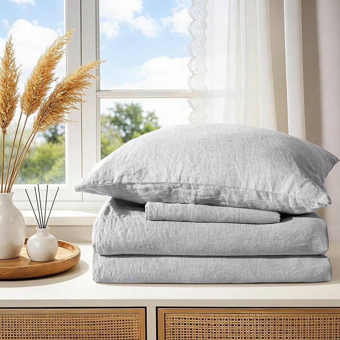 100% Pure Linen Duvet Cover Set Queen Size 3 Pcs Natural Linen Bedding Zipper Closure Breathable Soft Comforter Cover Sets, Cozy for All Season (Queen, Gray)
