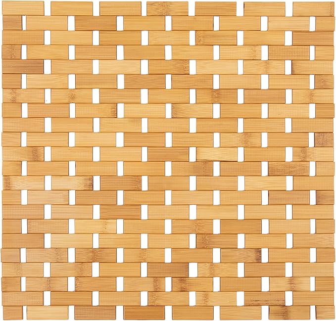 EVIDECO French Home Goods Square Natural Bamboo Bathroom Mat - Non Slip Bath Mat - Perfect for Shower, Spa, Sauna and Bathroom Decor - Foldable Duckboard, 18 x 18 inches, Light Brown