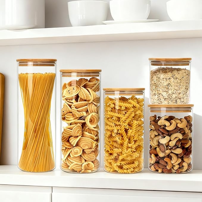 Airtight Glass Jars with Bamboo Lids, Glass Food Storage Containers Set - Set of 5 Kitchen Canisters for Sugar, Candy, Cookie, Rice and Spice Jars