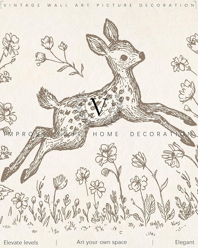 Vodefoad Fawn Sketch Vintage Wall Art Retro Nursery Jump Fawn Art Print Neutral Cottagecore Nursery Decor Farmhouse Rustic Deer Wall Decor for Gallery Nursery Bedroom Bathroom Office - 8x10Inch Unframe