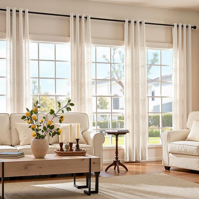JINCHAN Linen Curtains for Living Room Beige Grommet Top Window Treatment Set for Bedroom 2 Panels 96 inches Long Crude