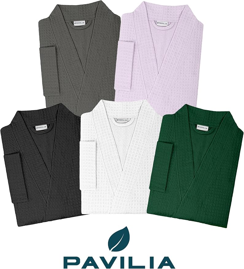 PAVILIA Womens Waffle Knit Robe Lightweight Cotton Blend Full Length House Bathrobe with Pockets