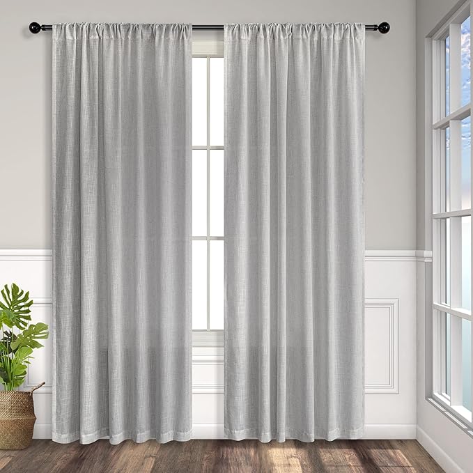Light Grey Living Room Curtains 84 Inch Length 2 Panels Back Tab Pocket Light Filtering Drape Soft Linen Cotton Texture Semi Sheer Silver Dove Gray Curtain for Bedroom Modern Farmhouse Decor 7 FT Long