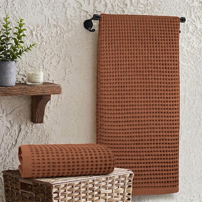 Jacquotha Waffle Bath Towels Set of 2 (Rust) - Low Lint, Lightweight & Quick Dry Cotton Towels, Fall Bathroom Decor, Large 31” x 62”