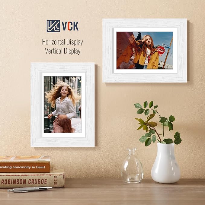 VCK 5x7 Picture Frames White 3 Pack, Wide Border Wood, Tempered Glass, Display 4x6 Photo with Mat or 5 x 7 without, for Home, Office, Gallery, Woodgrain Series, Tabletop & Wall Hanging