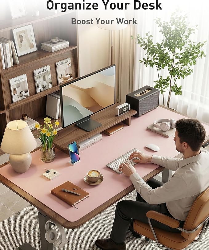 Aothia Faux Leather Desk Mat - Large Mouse Pad, Non-Slip PU Leather Blotter, Waterproof Writing Surface for Office and Home (Fairy Pink, 63" x 17")