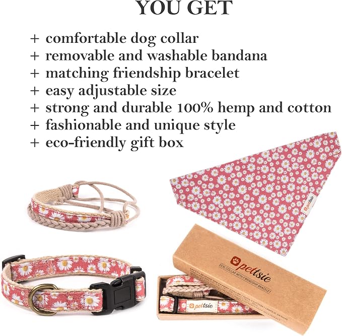 Pettsie Hemp Dog Bandana Collar & Matching Owner Friendship Bracelet | Adjustable, Durable Hemp, Soft & Comfortable, Secure D-Ring, Matching Friendship Bracelet, Pink