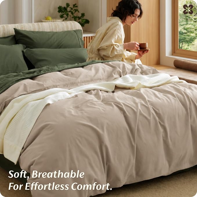 Bedsure Duvet Cover Queen Size - 100% Washed Cotton, Linen-Like Minimalist Bedding - PureWoven Plain Soft Comforter Cover for All Seasons, 1 Duvet Cover Only (Frosted Almond, 90" x 90")
