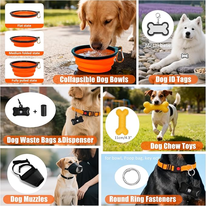 No Pull Dog Harness Adjustable Collar & Leash Set - Dog Halter Harnesses Collapsible Bowls & Poop Bag Dispenser Muzzle ID Tags Toys Fits Small Medium Large Dogs (Orange-XL)