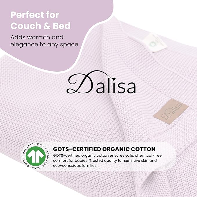 Dalisa 100% Organic Turkish Cotton Throw Blanket - GOTS Certified, Cozy - Perfect for Couch, Bed, and Home Decor - Boho Vintage Knit Alina (Lavender Frost, 50x60)