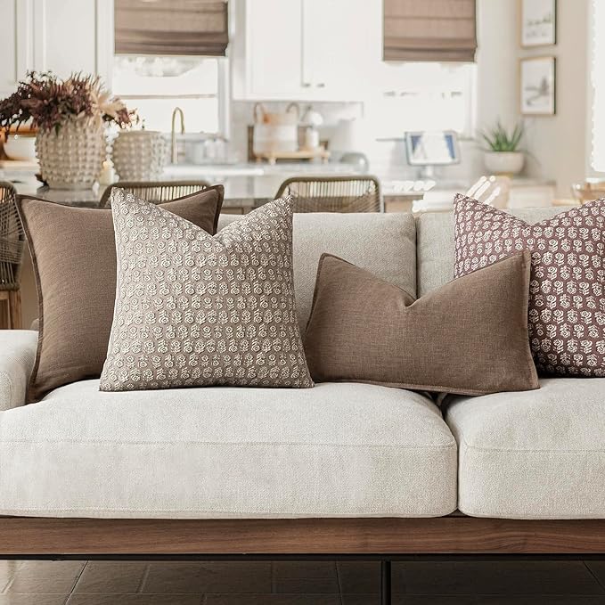 Foindtower Set of 2 Decorative Vintage Floral Print Throw Pillow Covers Neutral Modern Farmhouse Cushion Covers Boho Home Decor for Sofa Chair Couch Bedroom Living Room,18×18 Inch,Tan Taupe