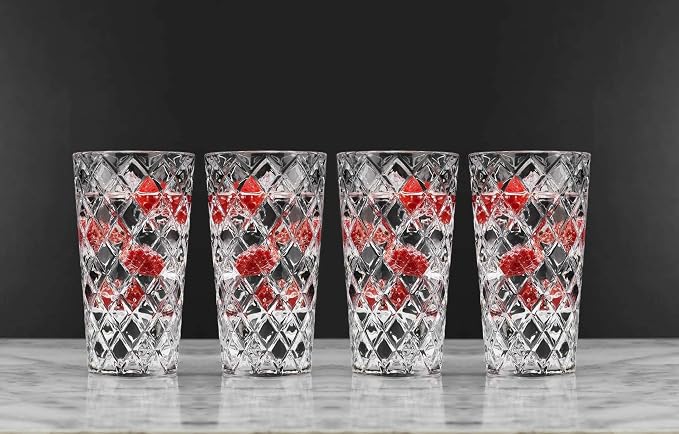 Glaver's Drinking Glasses Set of 4. Tall Highball Glasses. 14oz. Textured Diamond Cut Elegant Drinking Glass Cups- Kitchen Glassware for Water, Iced Tea, Juice, Cocktail.