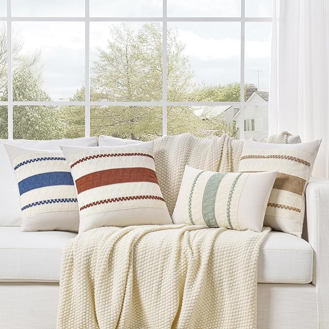 Fancy Homi Set of 2 Boho Neutral Long Lumbar Decorative Throw Pillow Cover 14x24 Inch for Couch Bed Sofa Chair, Modern Organic Farmhouse Home Decor, Soft Cotton Cute Accent Tan Rectangle Cushion Case