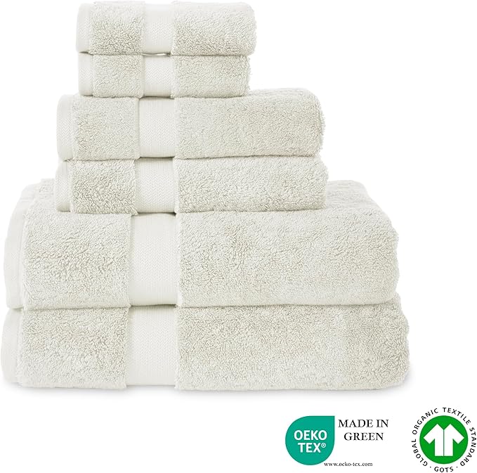 TOWELTIQUE- Organic Cotton Plush Bath Towels Pack of 6 GOTS & Oeko- TEX Certified | Premium Soft, Absorbent & Quick-Drying Towels for Bathroom, Gym, Spa & Hotel Use – Ivory