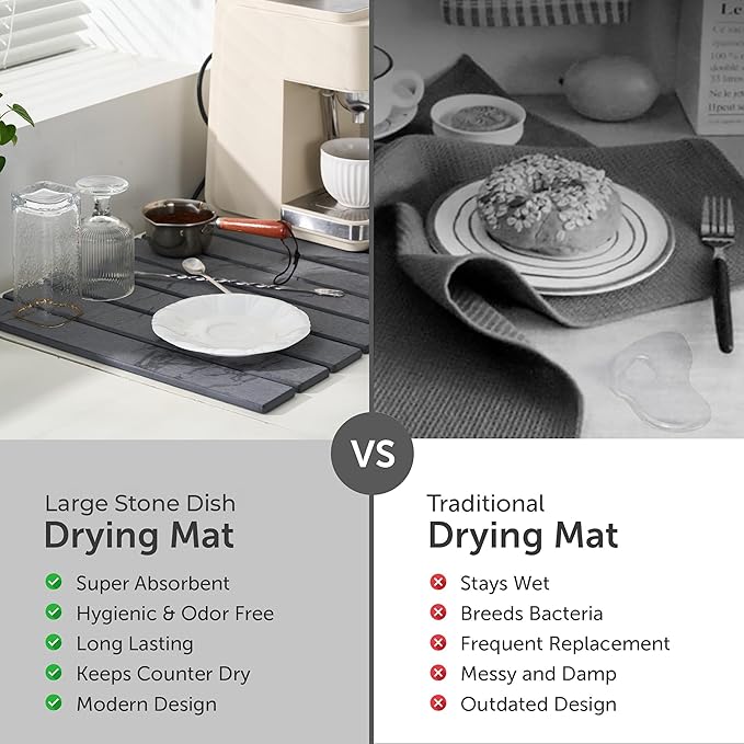 Large Stone Dish Drying Mat for Kitchen Counter,Natural Quick Dry Stone Dishes Mats,Foldable Water Absorbing Diatomaceous Earth Drying Organizer Pad for Kitchen Utensils(Dark Gray 24"×16" & 8"x4")