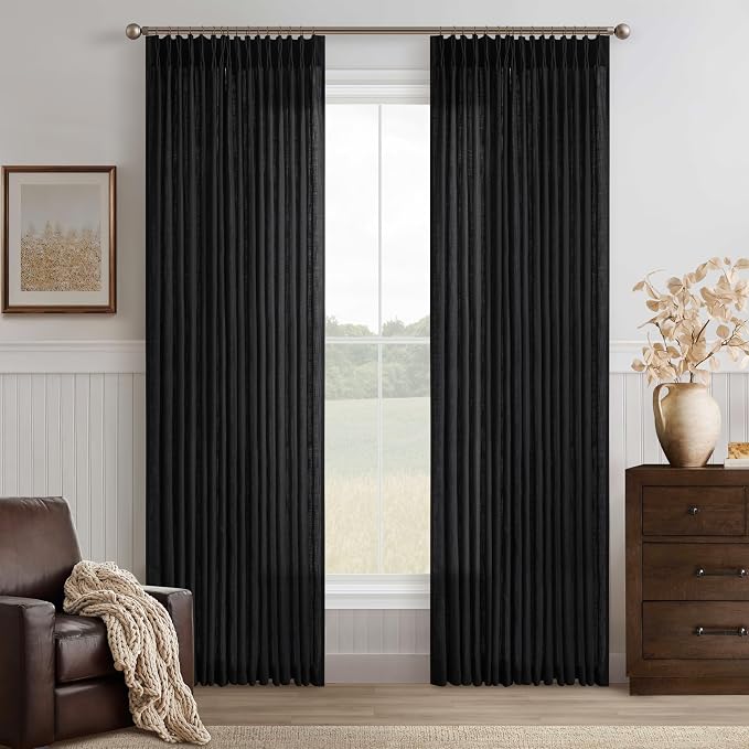 Pinch Pleated Black Linen Curtains 84 Inches Long 2 Panels Set for Living Room Bedroom Dining Pinch Pleat Back Tab Light Filtering Boho Farmhouse Neutral Window Curtain Drapes 84 Inch Length W50xL84
