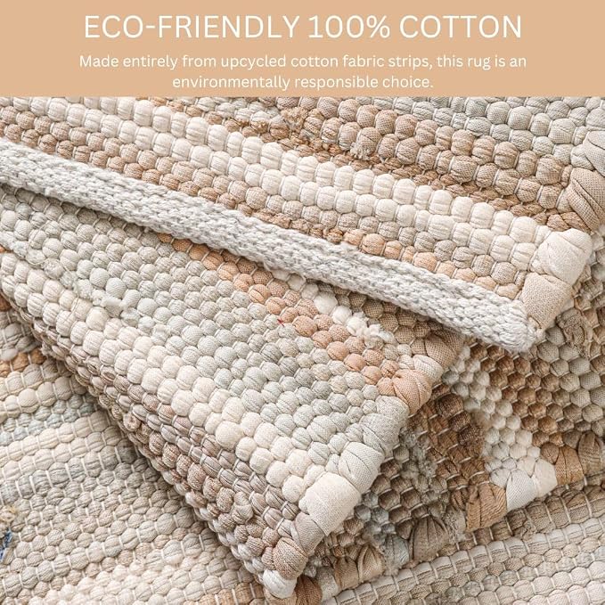 WeWove Hand Woven Chindi Rug Cotton - Boho Rustic Farmhouse Area Accent Throw Rug - Area Floor Carpet for Bedroom Living Room Kitchen Dorm Entryway Hallway - 20x32 inch Area Rug Beige Multi
