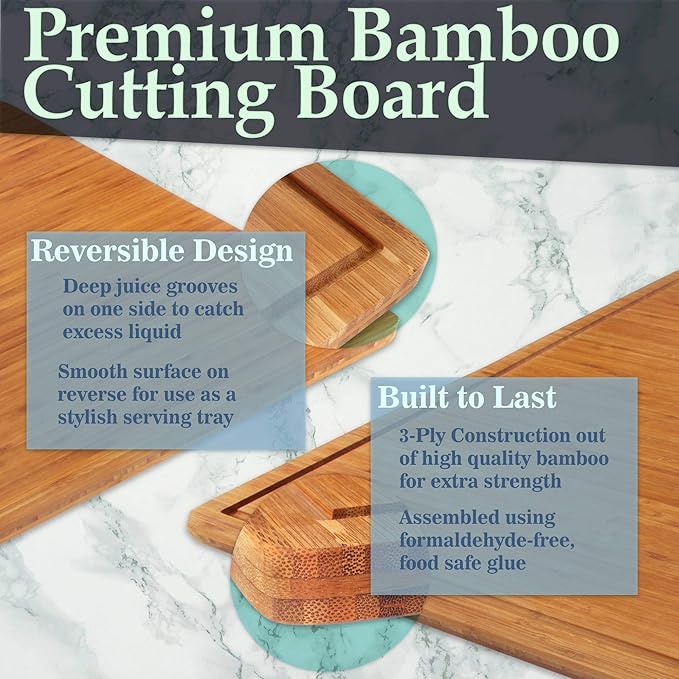 BambooMN Heavy Duty Premium Bamboo Cutting Board - 17.25"x11.75"x0.75" - Grooved/Flat - 10 Pieces
