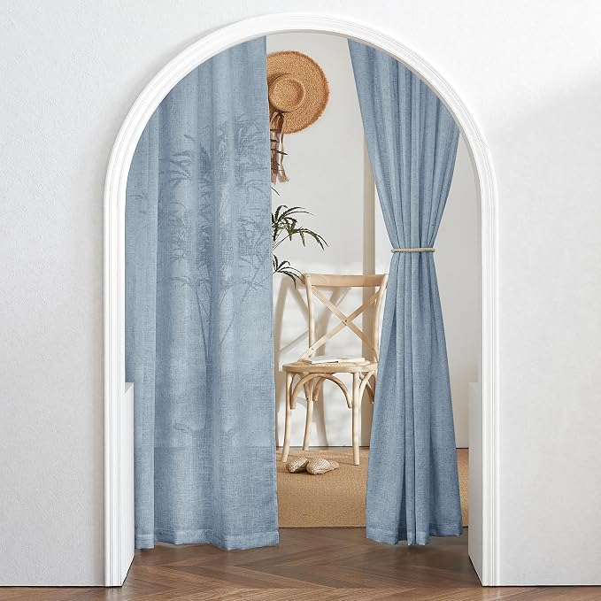 RYB HOME Linen Texture Curtains for Short Window Treatments, Semi Transparent Breathable Fabric Lightweight for Kitchen Bathroom Bedroom, W 52 x L 36 inches, Dusty Blue, 2 Panels