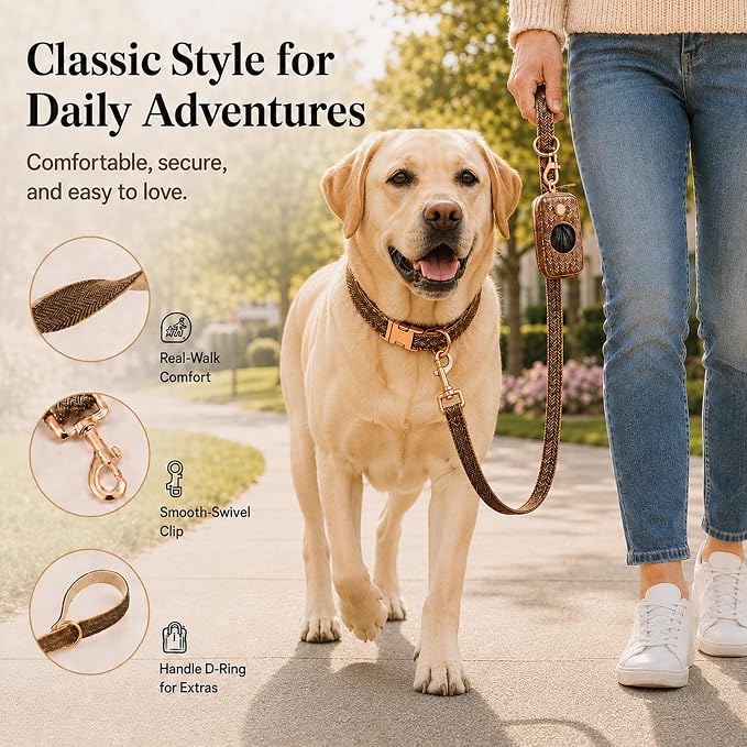 Herringbone Tweed Dog Collar and Leash Set for Large Dogs, Grey-Brown | Snag-free, no-rub design. Soft breathable cotton, gentle on fur. Adjustable durable matching combo for walks & outdoors.