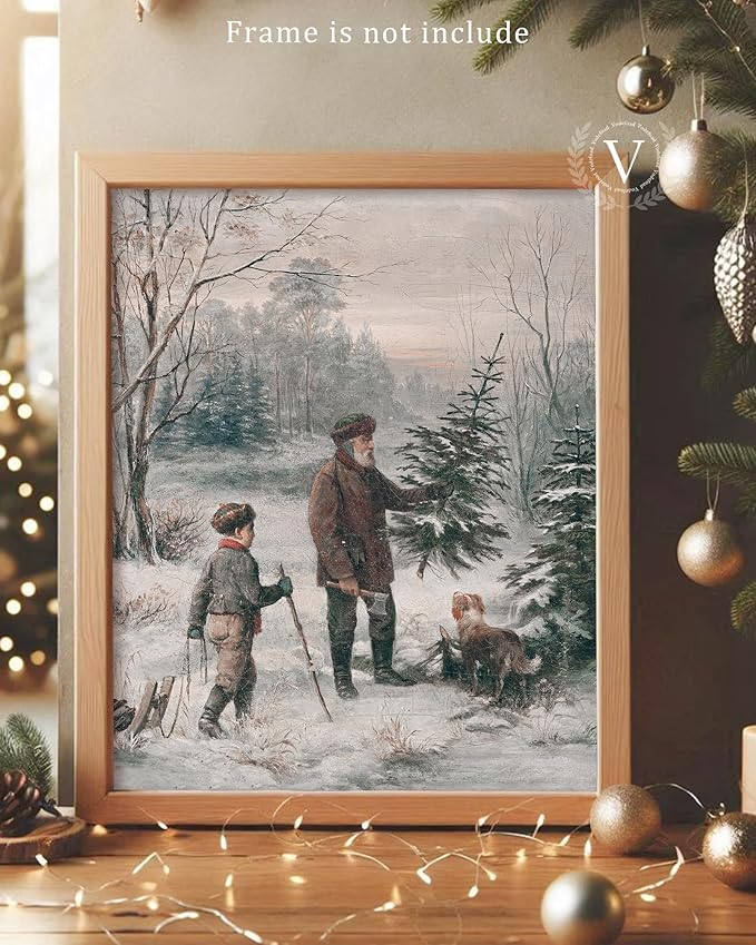 Vodefoad Vintage Christmas Wall Art Winter Landscape Painting Retro Xmas Antique Rustic Canvas Print Snowy Christmas Winter Print for Gallery Bedroom Bathroom - 8x10Inch Unframe