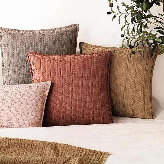 Foindtower Set of 2 Decorative Cotton Waffle Weave Throw Pillow Cover Euro Shams Cushion Covers Accent European Pillowcase For Bed Couch Sofa Bedroom Living Room Home Decor 22×22 Inch Fall Rust Orange