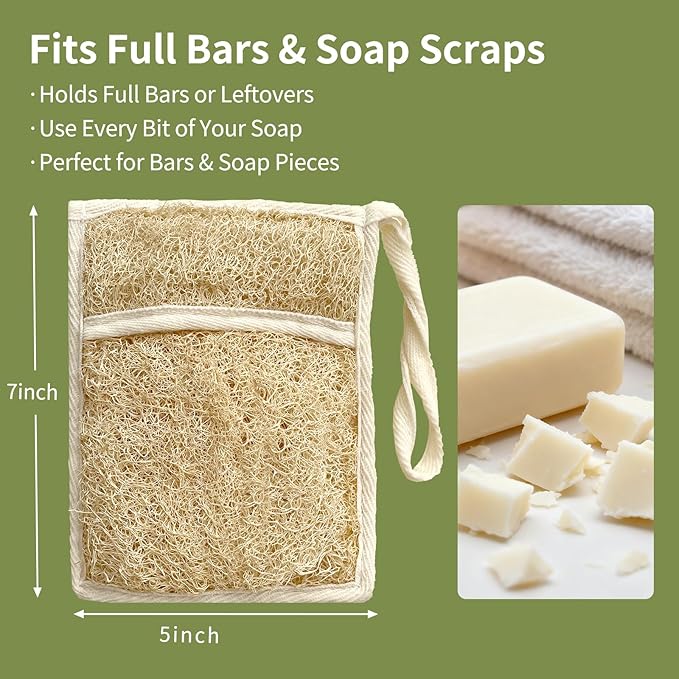 Soap Bag Made from Natural Egyptian Loofah, Luxury Exfoliating Soap Saver Bar Soap Pouch with Rich Foam, Rough Texture, Quick Drying, Long Hanging Loop for Shower & Travel (2 Pack)