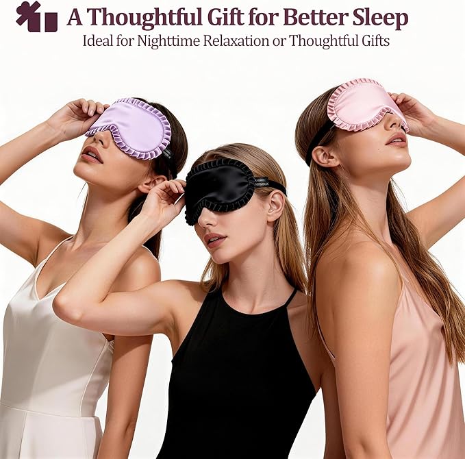 Silk Sleep Mask for Women, 100% Mulberry Silk Eye Mask, All-Silk Filled, Adjustable Elastic Strap with Elegant Wave Trim, Blackout Soft Eye Cover, Travel & Gift (Pink)