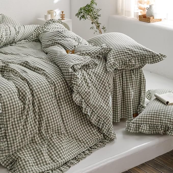 mixinni Green Gingham Ruffle Duvet Cover Full Size 3 Pieces – 100% Washed Cotton, Vintage Plaid Ruffled Bedding Set with Zipper Ties, Soft Checkered Grid Farmhouse Chic Comforter Cover Set