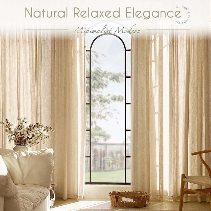 Tan Linen Curtains 90 inches Long for Living Room Back Tab Rustic Farmhouse Semi Sheer Light Filtering Window Curtain Dining Room Soft Thick Flax Linen Textured Drapes Kahki 52x90