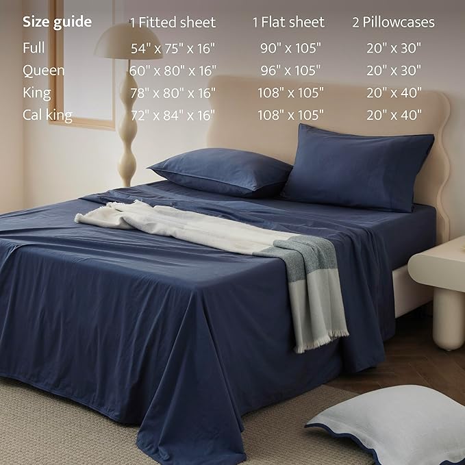 Double Stitch 100% Organic Cotton Sheets, Queen Sheet Set, GOTS Certified Long Staple Cotton Bedsheets, Luxury & Soft Hotel Bed Sheets with 16 inches Deep Pocket, Made in India Navy