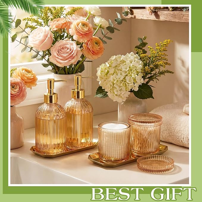 Yaomiao 7 Pack Amber Glass Bathroom Accessories Set, 2 Pcs Cotton Swabs Jar with Lids, 2 Pcs 18 oz Soap Dispenser with Pump and 2 Trays and Labels for Bathroom Kitchen Counter Organizer Vintage Gift