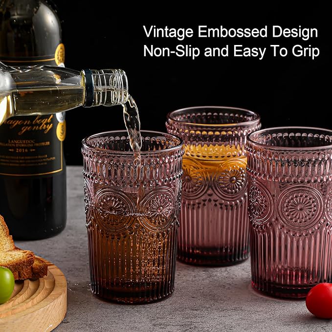 ZMOWIPDL Vintage Glassware Drinking Glasses Set of 6,13 oz Purple Textured Flower Design Glass Water Tumblers,Embossed Striped Drinkware for Water,Cocktails,Juice,Iced Coffee