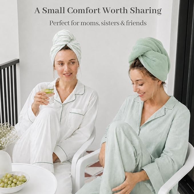 ROLSHOL Cotton Hair Towel Wrap for Women, 2 Pack 100% Cotton Hair Drying Towels for Long, Thick & Curly Hair, 32" x 11" Large Hair Turban for Wet Hair with Elastic Band (Light Green)
