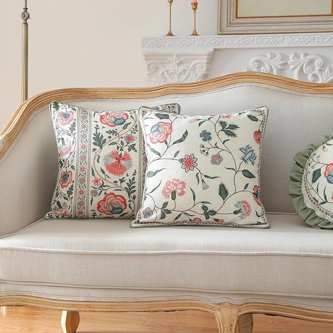ISAENNE Design Square Retro Elegance Linen Throw Pillow Covers 18"x18" Pack of 2, Green Pink Floral Pattern Cushion Covers Decor Pillowcases for Bed,Living Room,Outdoor,Car