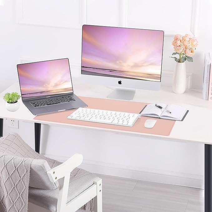 AFIING Cork Desk Mat 31.5" x 17", Waterproof Dual-Sided Cork & PU Leather Desk Pad, Non-Slip Desk Protector for Home Office, Workspace Setup & Gaming, Pink