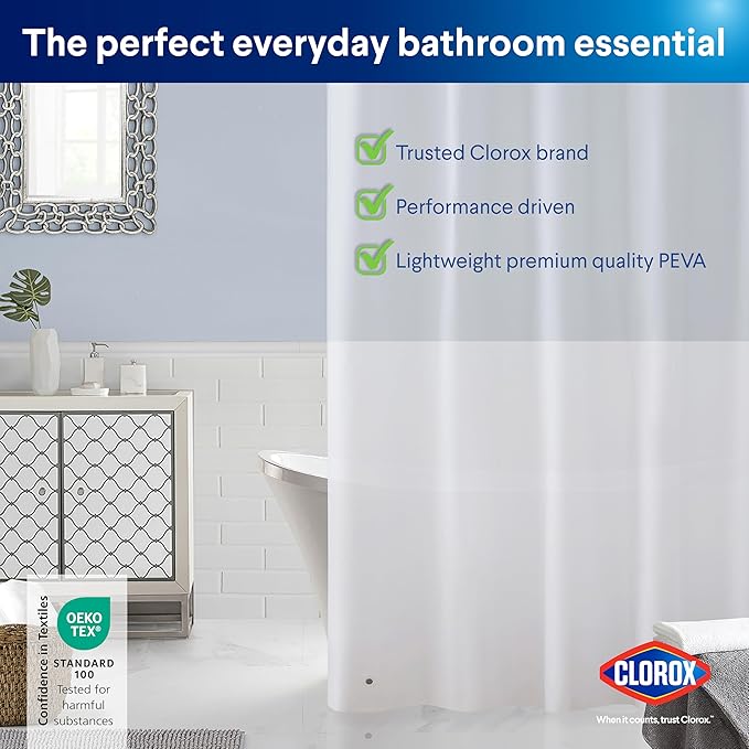 Clorox Shower Curtain Liner & Hooks, Premium Lightweight Flexible Waterproof 4g PEVA for Bathroom with Weighted Magnets, Standard Size 70" x 72", Frosty 1 Pack