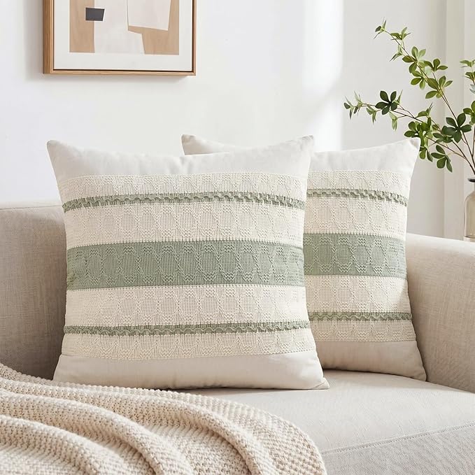 Fancy Homi Set of 2 Sage Green Boho Decorative Throw Pillow Covers 22x22 Inch for Living Room Bedroom Couch Bed Indoors, Rustic Retro Cushion Case 55x55 cm, Bohemian Room Home Decor