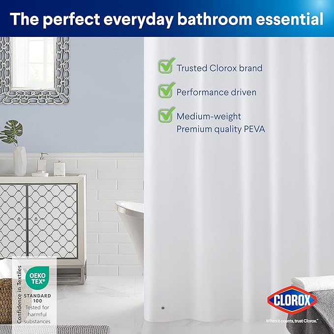 Clorox Shower Curtain Liner, Premium Lightweight Flexible Waterproof 6g PEVA for Bathroom with Weighted Magnets, Standard Size 72" x 72", White 2 Pack