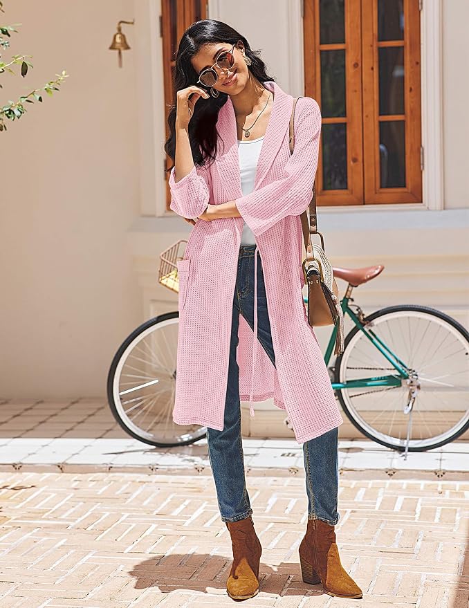 Ekouaer Robes for Women Waffle Knit Bathrobe Lightweight Kimono Robe Knee Length Loungewear with Pockets