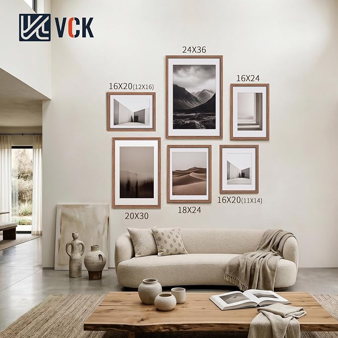 VCK 16x20 Picture Frames Walnut - 3 Pack, Wide Border Solid Wood, Tempered Glass, Display 12x16 Photo with Mat or 16 x 20 Without, for Home, Office, Gallery, Woodgrain Series, Wall Hanging