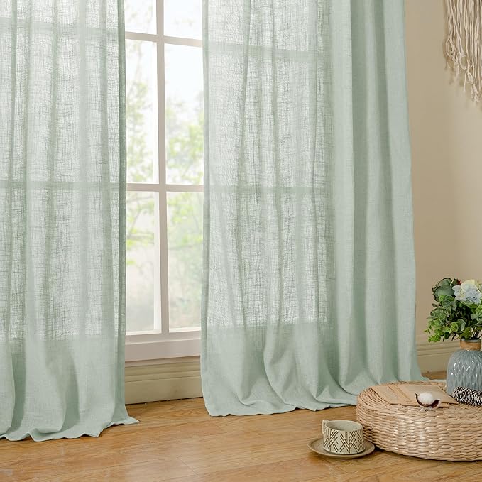 LAMIT Light Sage Linen Curtains 84 inch Length 2 Panels, Light Filtering Semi Sheer Panels Back Tab and Rod Pocket Neutral Drapes for Bedroom/Living Room, 34 x 84 Inch