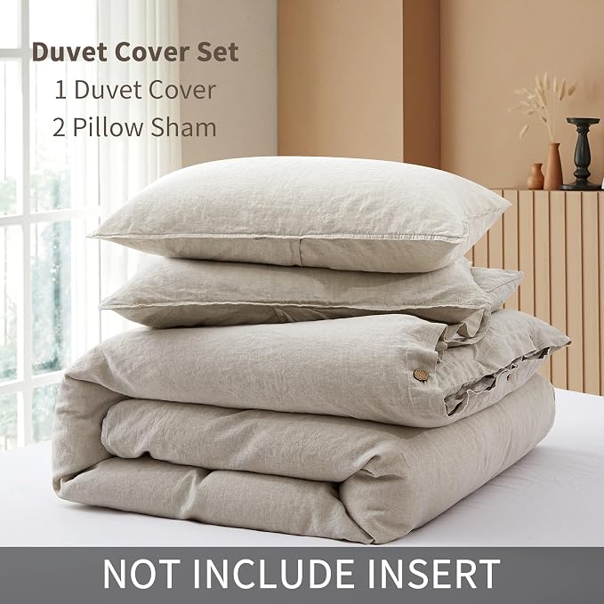 ATLINIA 100% Flax Linen Duvet Cover Set - Stone Washed Pure French Linen Organic Fabric for Farmhouse Comforter Boho Bedding Included 1 Duvet Cover 2 Pillow Shams(Natural, Queen)