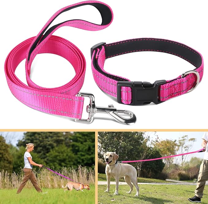 Soft Neoprene Padded Dog Collar and Leash Set for Small Medium Large Dogs, Reflective Durable Nylon Dog Collar with 5ft Leash Easy for Walking, Hot Pink,Neck fit 14.0-23.5’’