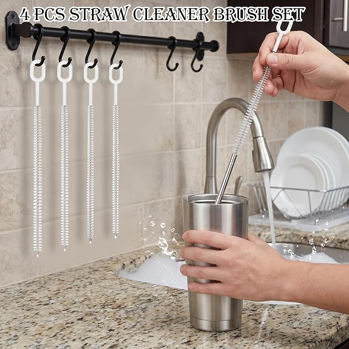 4 PCS Straw Cleaning Kit, Reusable Straw Brushes for Cleaning Straws | 10 Inch Stainless Steel Metal Straw Cleaner Brush, 10 Inch for Water Bottle Sip Cup Glass Straw