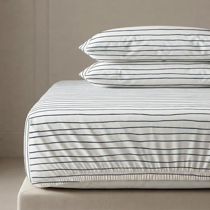 MakeMake Organics Organic Queen Fitted Sheet Set GOTS Certified Organic Cotton Fitted Sheet with Pillowcase Ultra Soft Non Toxic Breathable Hypoallergenic Blue Stripes Neutral (Queen, Stripes Navy)