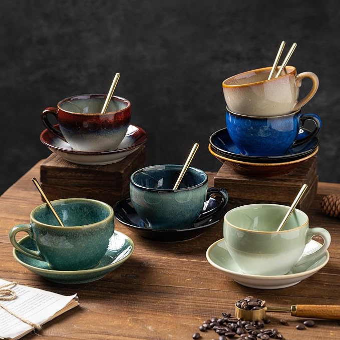 Porcelain Coffee Cup with Saucer Spoon Set, Vintage Design Ceramic Latte Art Cappuccino Barista Espresso Tea Cup with Saucer (11.6 oz, 350ml, Ink red)