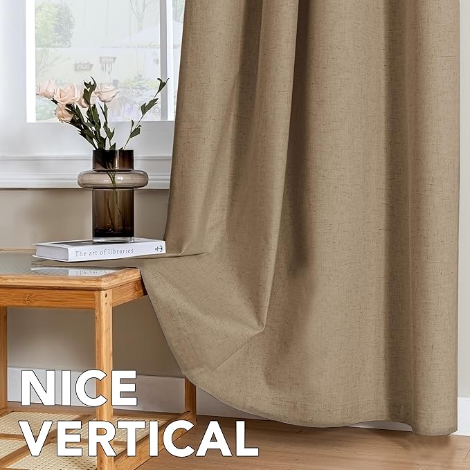 H.VERSAILTEX Linen Curtains 100% Blackout Curtains for Bedroom 90 inch Long Full Light Blocking Nature Linen Blended Window Curtains for Living Room Nickel Grommet (2 Panels, Heathered Macchiato)