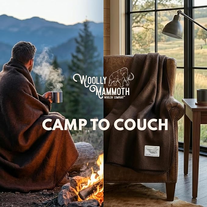Woolly Mammoth Woolen Company Merino Wool Blanket, 66" x 90" Ember | Temperature Regulating - Fire-Resistant - Warm Camping Blanket for Car Emergency Kits, Picnics, Summer Festivals and Stadiums