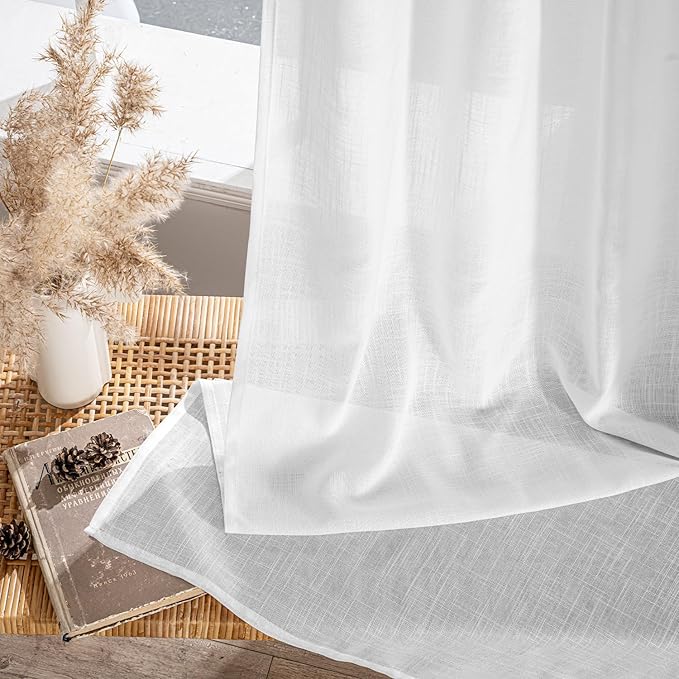 MIULEE White Linen Curtains 64 Inch Length 2 Panels for Kitchen Bedroom, Soft Thick Linen Textured Window Drapes Semi Sheer Light Filtering Back Tab Rod Pocket Burlap Look Decor